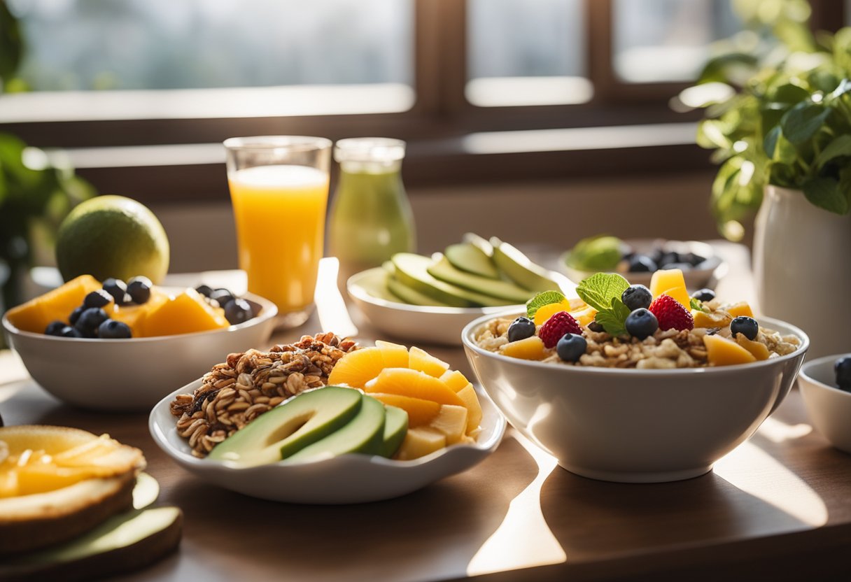 A table set with a variety of vegan breakfast foods, including fruits, granola, avocado toast, and plant-based yogurt. Sunlight streams in through a window, casting a warm glow over the scene