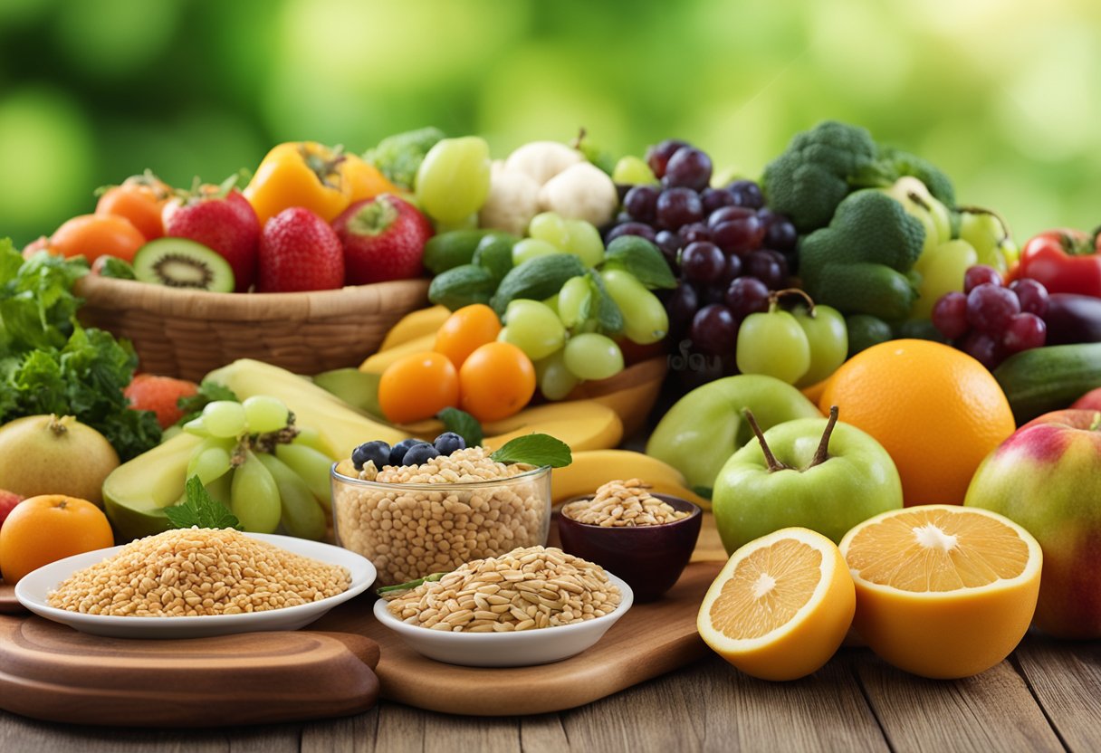 A table set with a variety of colorful fruits, vegetables, and whole grains, alongside a cookbook titled "Nutrition Basics for Diabetics: Recipes for Diabetics."