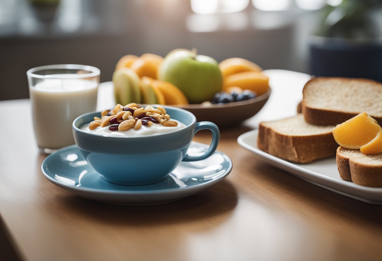 A breakfast table with a spread of diabetic-friendly foods like whole grain toast, fresh fruit, yogurt, and nuts. A cup of coffee and a glass of water complete the scene