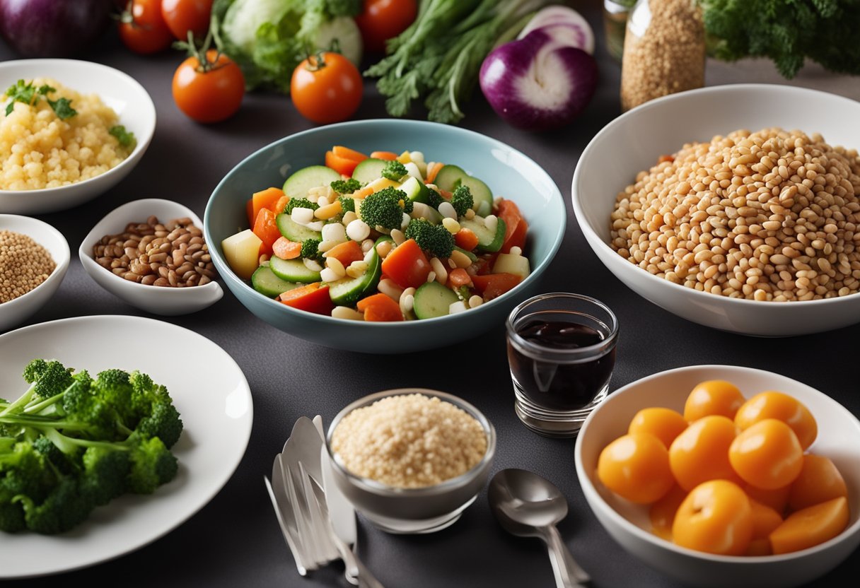 A table set with colorful, balanced meals, including vegetables, lean proteins, and whole grains, with a focus on diabetic-friendly recipes