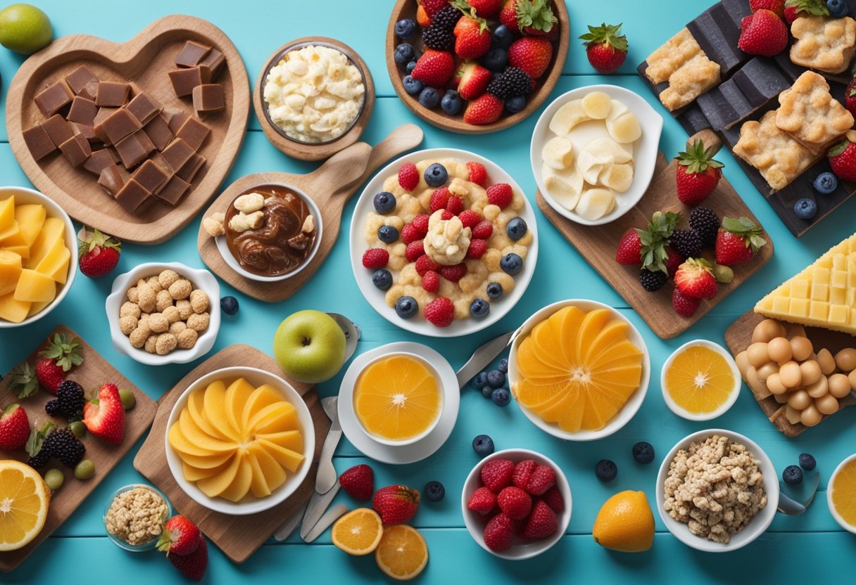 A table set with diabetic-friendly desserts and snacks, surrounded by colorful fruits and a variety of healthy ingredients