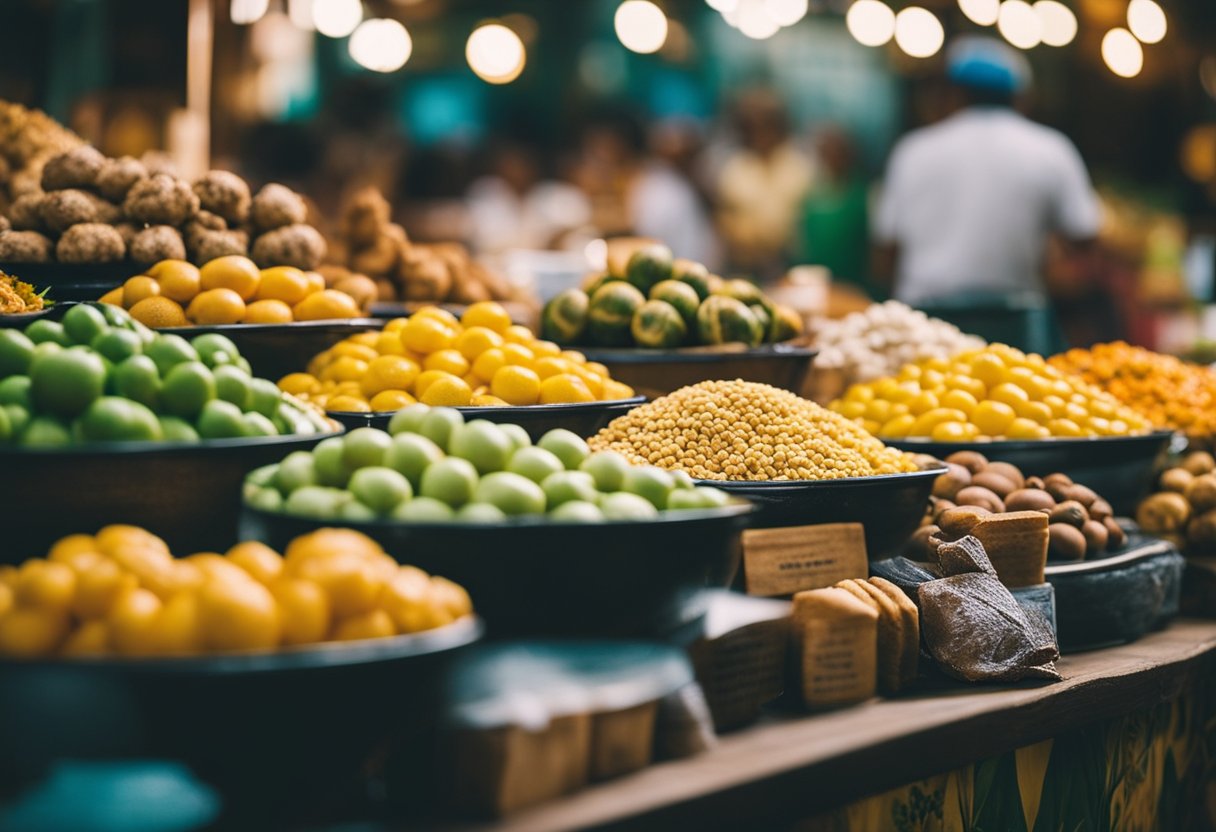 A colorful market stall displays typical Brazilian foods and treats