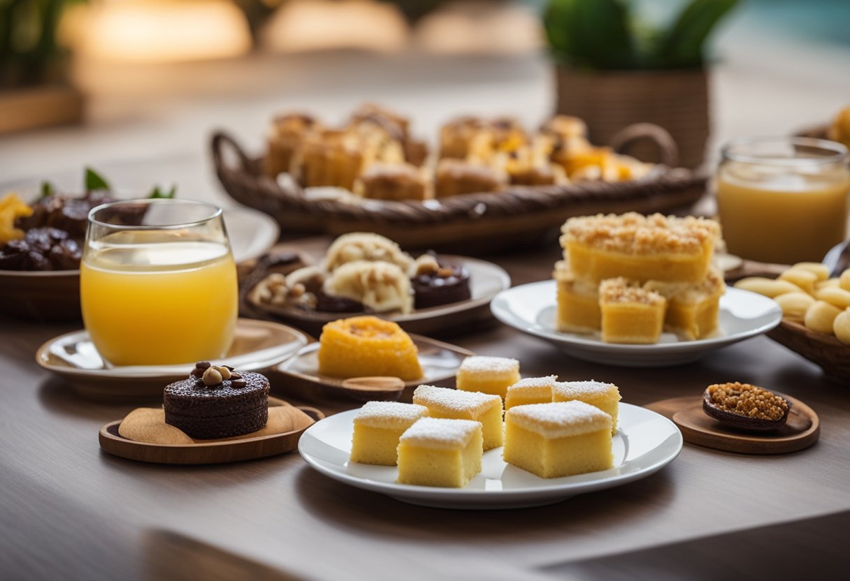 A table set with various Brazilian desserts and typical foods