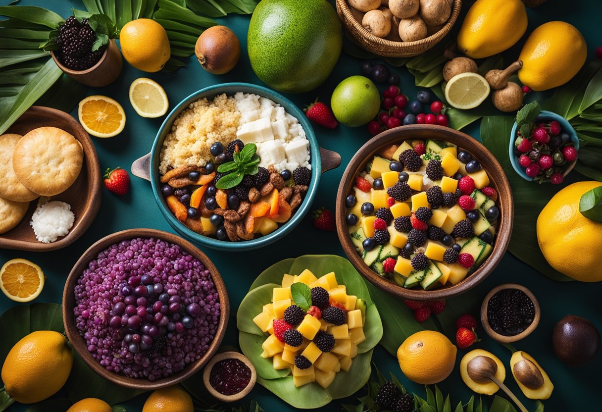 A table filled with various Brazilian dishes and ingredients, including feijoada, acarajé, pão de queijo, and açaí, surrounded by vibrant tropical fruits and colorful decorations