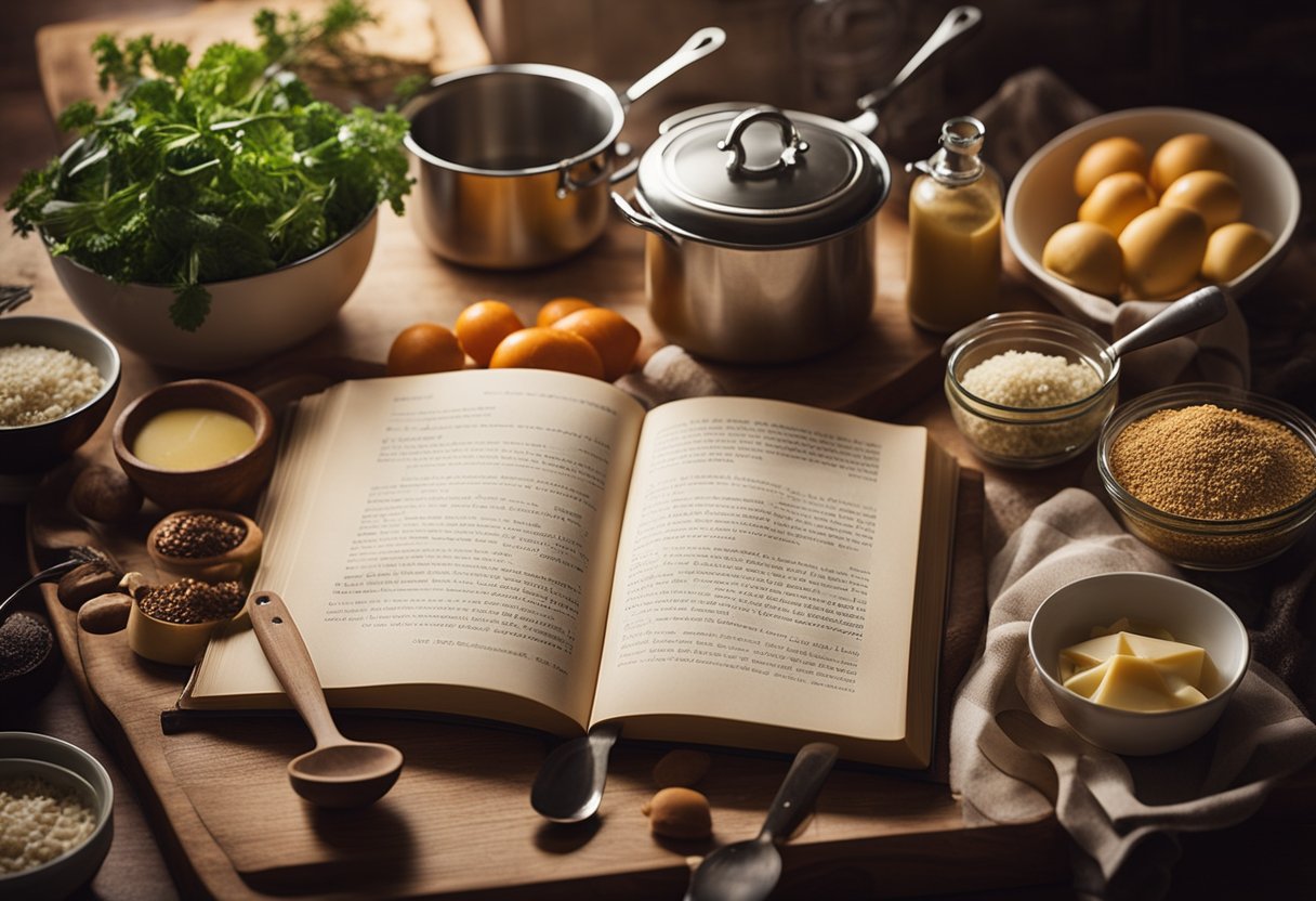 A family recipe book is open on a kitchen counter, surrounded by vintage cooking utensils and ingredients. A warm, inviting atmosphere is suggested by the soft lighting and cozy decor