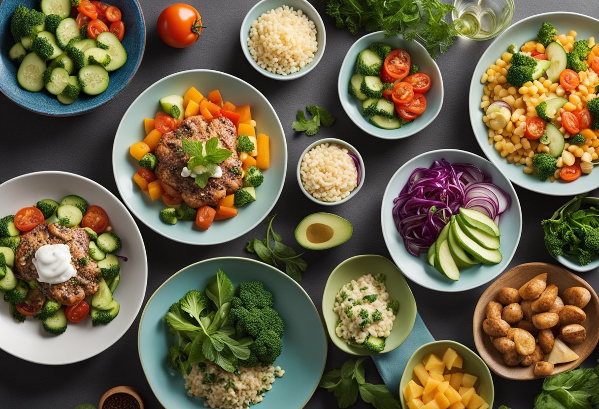 A table set with a variety of low carb dinner options, including vegetables, lean proteins, and healthy fats. Bright, colorful plates and bowls showcase the delicious and nutritious meal choices